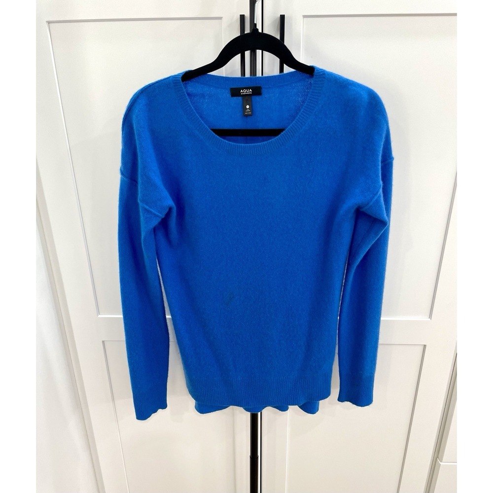 AQUA 100% Cashmere High-Low Side Slit Sweater Royal Blue Size M Flawed